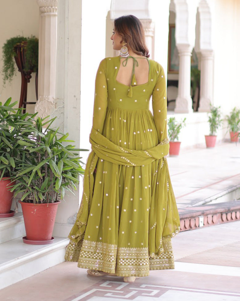 Mehndi Green Color Georgette Embroidered Designer Gown