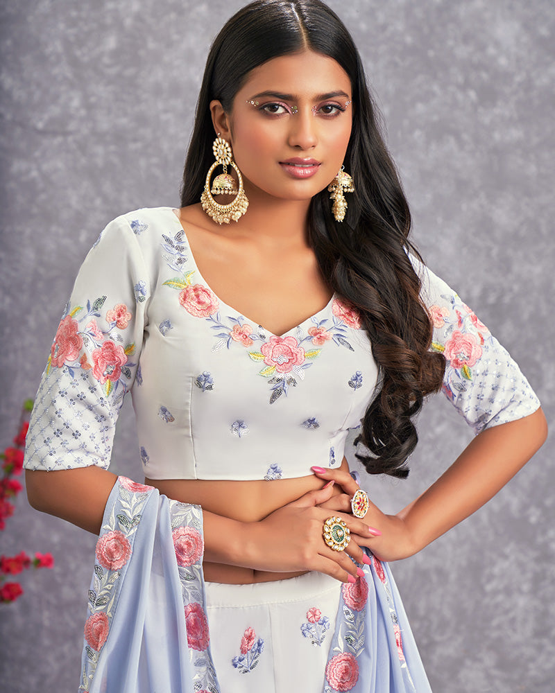 Pearl White Color Thread And Embroidered Georgette Lehenga Choli