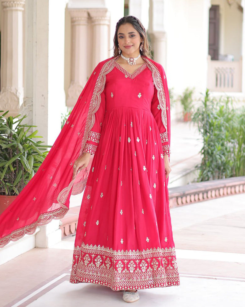 Bright Pink Vichitra Silk Sequence Embroidered Gown