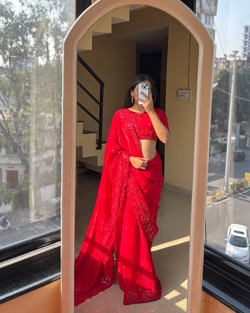 Red Color Space Silk Sequence Embroidered Saree