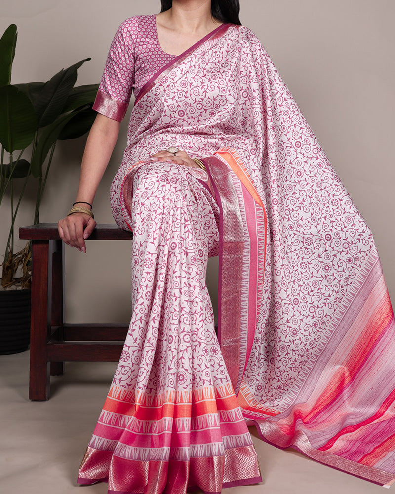 Light Pink Color Designer Tasar Silk Printed Saree