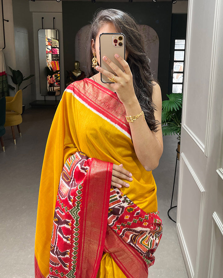 Mustard Color Patola Print With Foil Work Dola Silk Saree