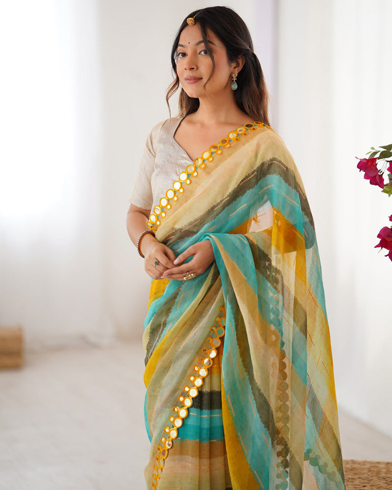 Yellow Color Smooth Marble Chiffon Printed Saree