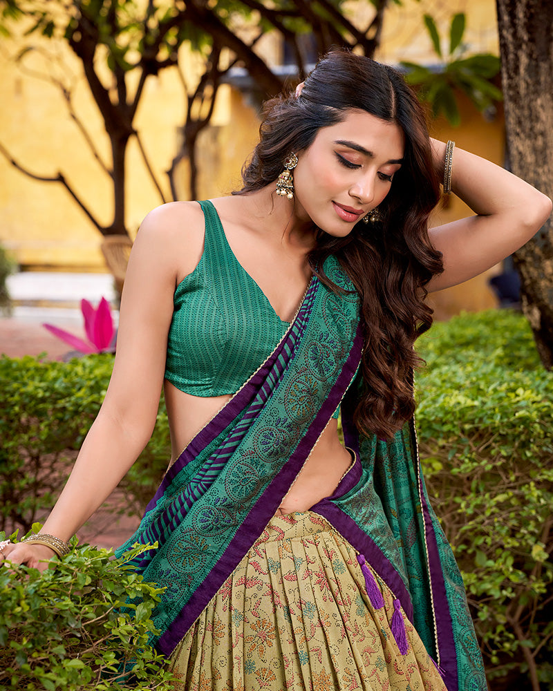 Firozi Color Vichitra Silk Printed Lehenga Choli