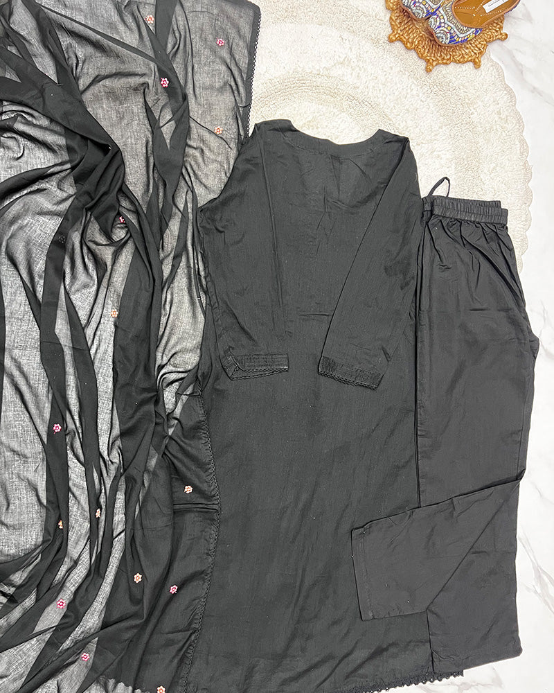 Black Color Mal Cotton Three Piece Kurti Suit