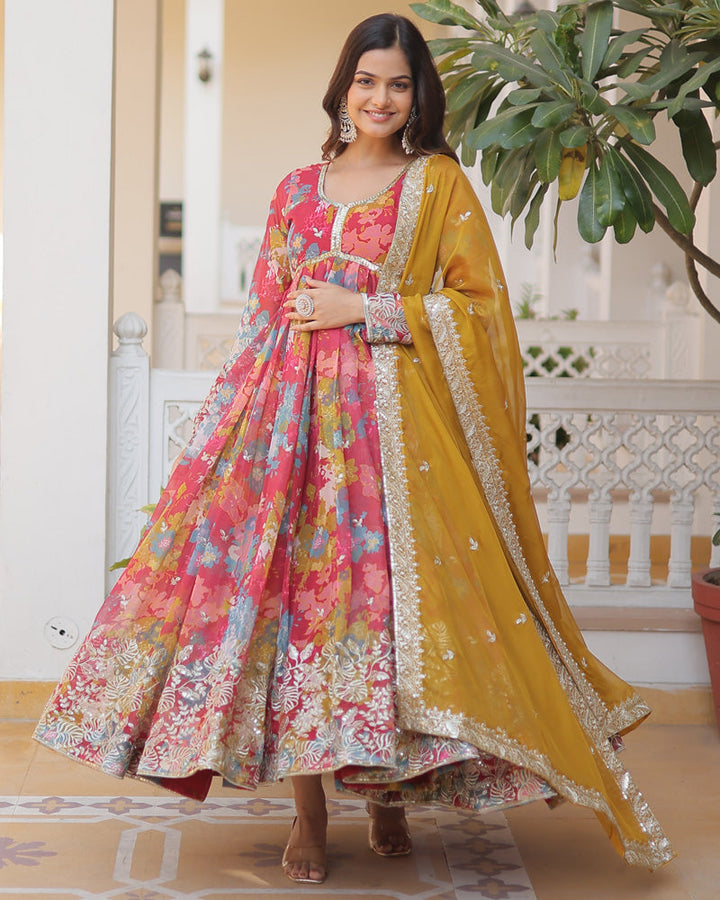 Off White Floral Soft Georgette Three Piece Anarkali Suit