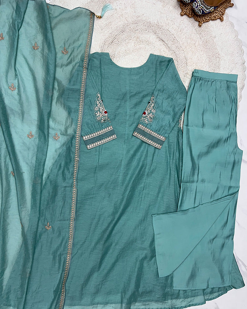 Dusty Teal Color Mal Cotton Three Piece Kurti Suit