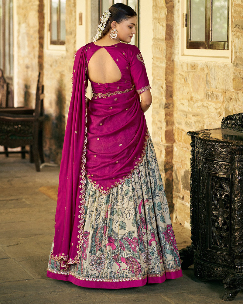 Cream Color Tussar Silk Kalamkari Printed Lehenga Choli