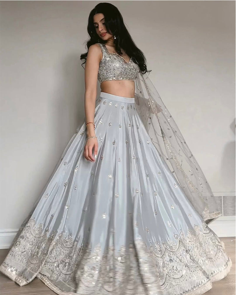 Grey Color Japani Satin Silk Embroidered Lehenga Choli