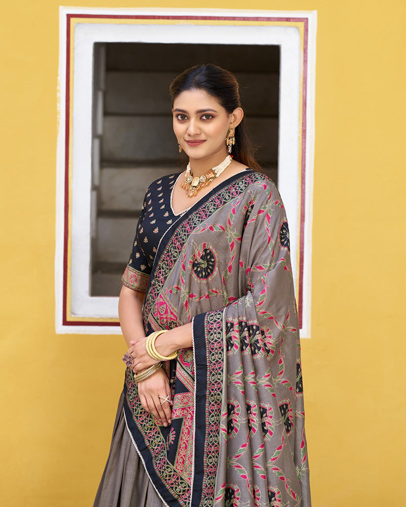 Black Color Tasar Silk Printed Sparkle Lehenga Choli