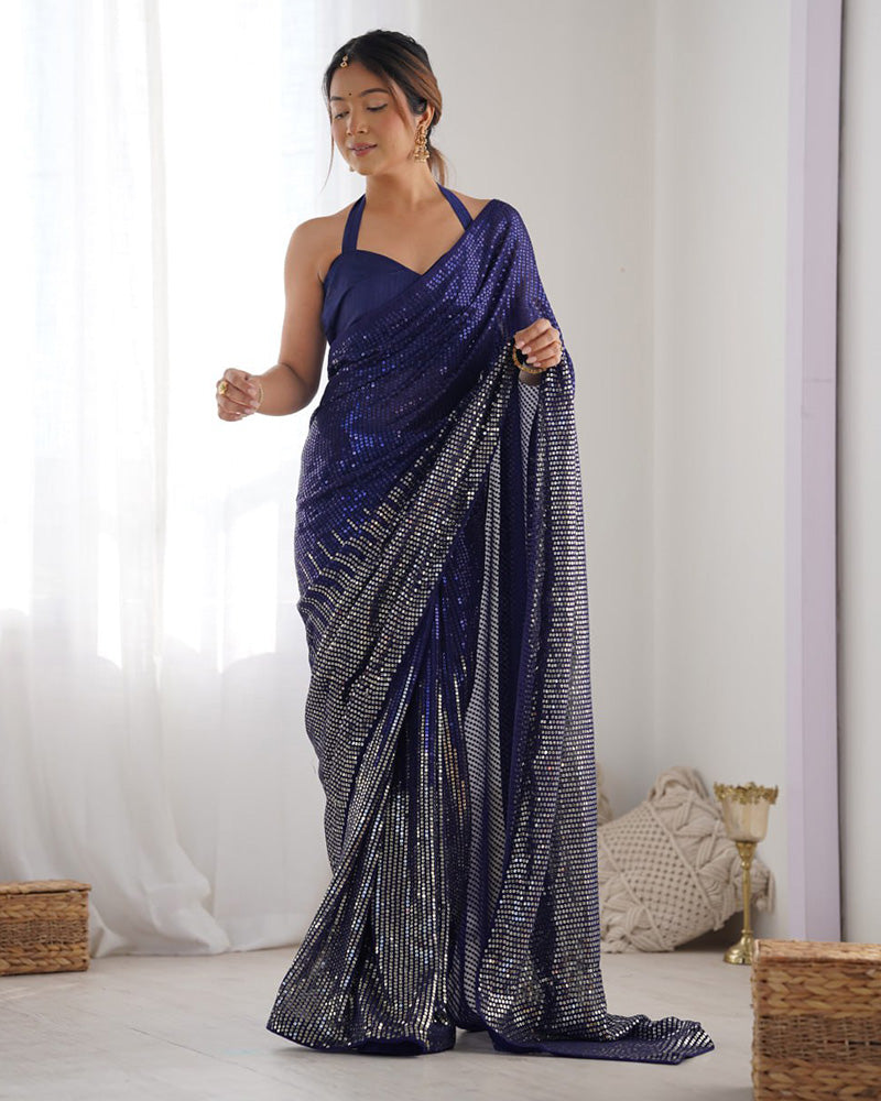 Navy Blue Color Heavy Georgette Sequence Embroidered Saree
