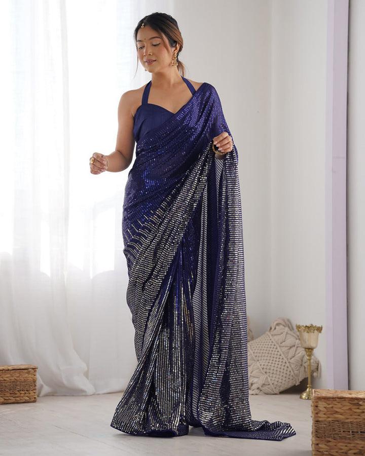 Navy Blue Color Heavy Georgette Sequence Embroidered Saree