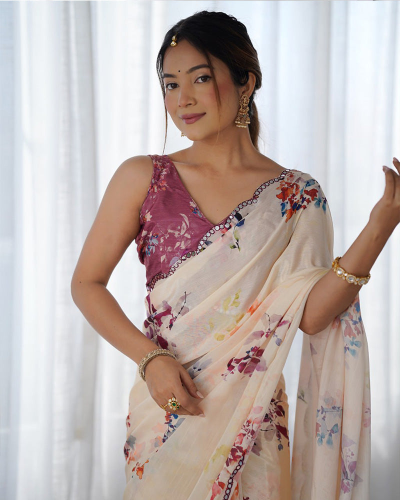 Cream Color Chinnon Silk Printed Saree