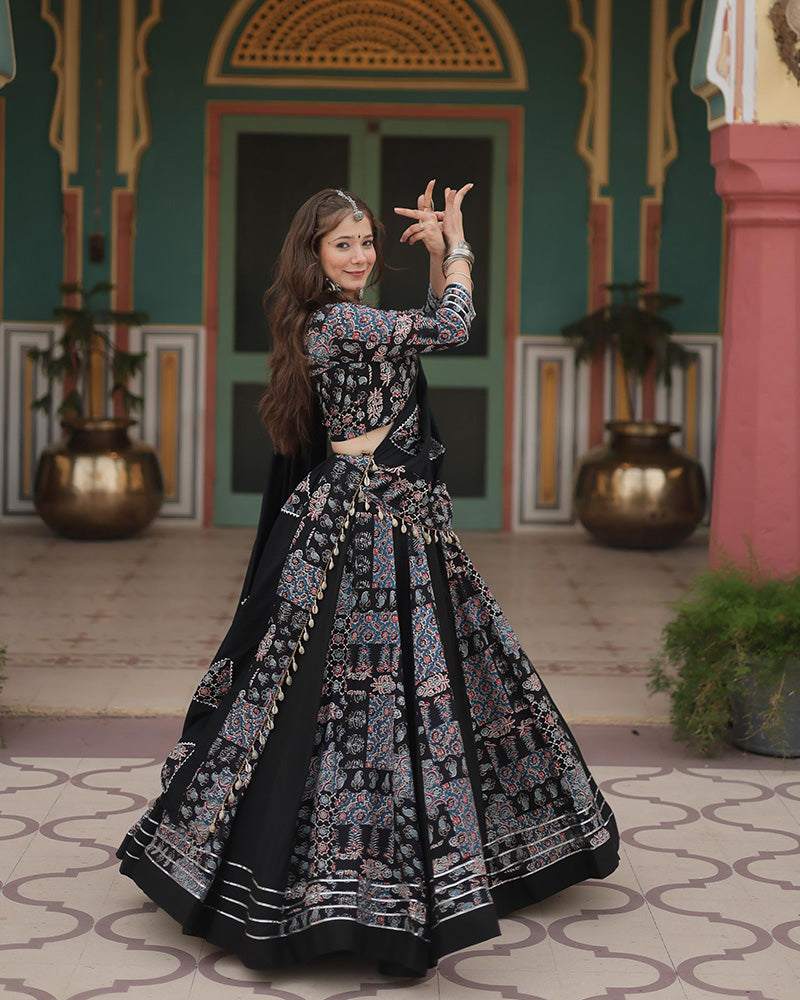 Navratri Wear Black Color Rayon Printed Lehenga Choli