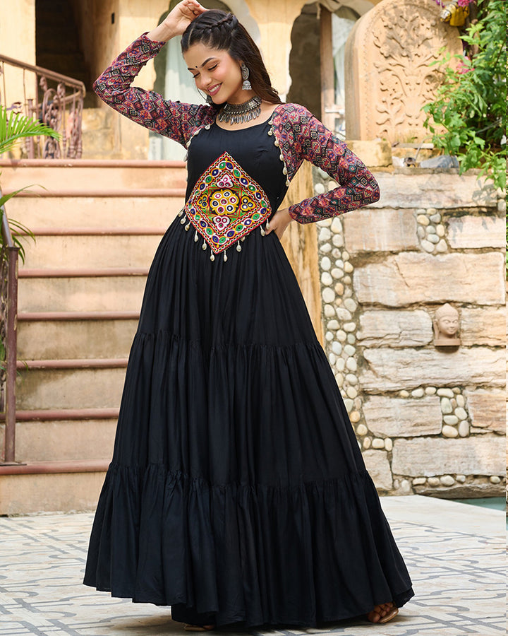 Full Flair Black Rayon Gown With Multicolor Embroidery