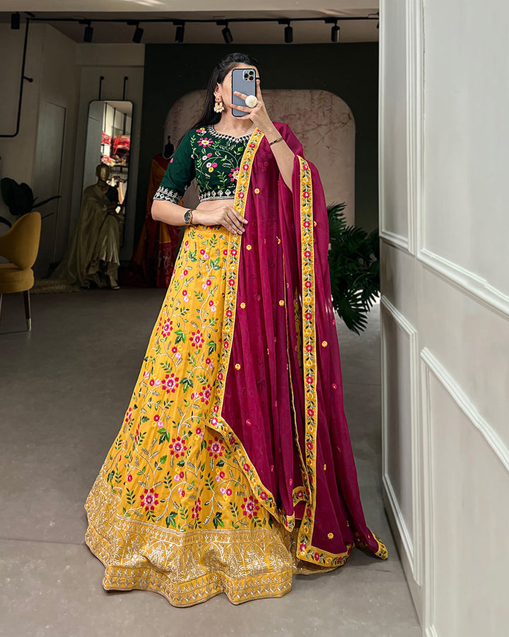 Yellow Color Sequence Embroidery Georgette Lehenga Choli