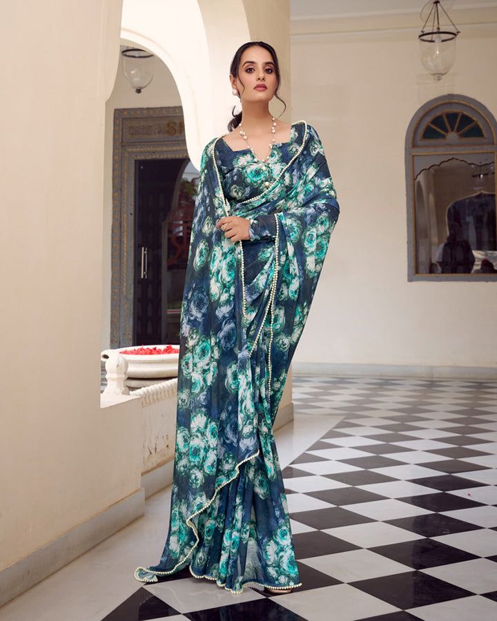 Designer Navy Blue Color Weightless Marble Floral Printed Saree