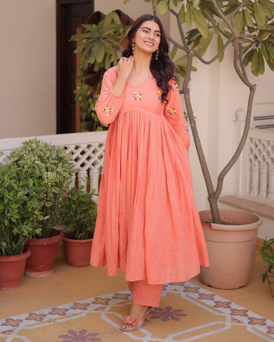 Peach Color Pure Cotton Embroidered Kurti Suit