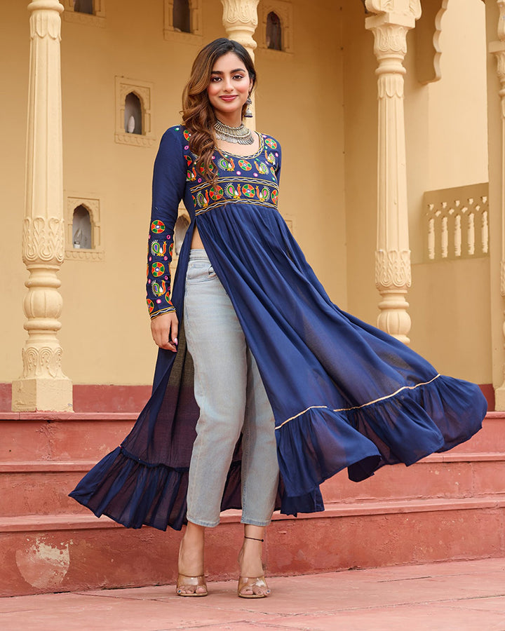 Vibrant Blue Flared Rayon Kurti With Gamthi Work