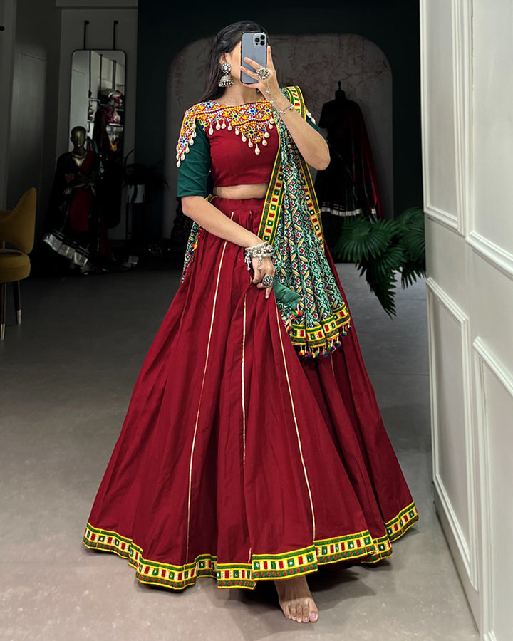 Designer Maroon Color Cotton Real Mirror Navratri Lehenga Choli