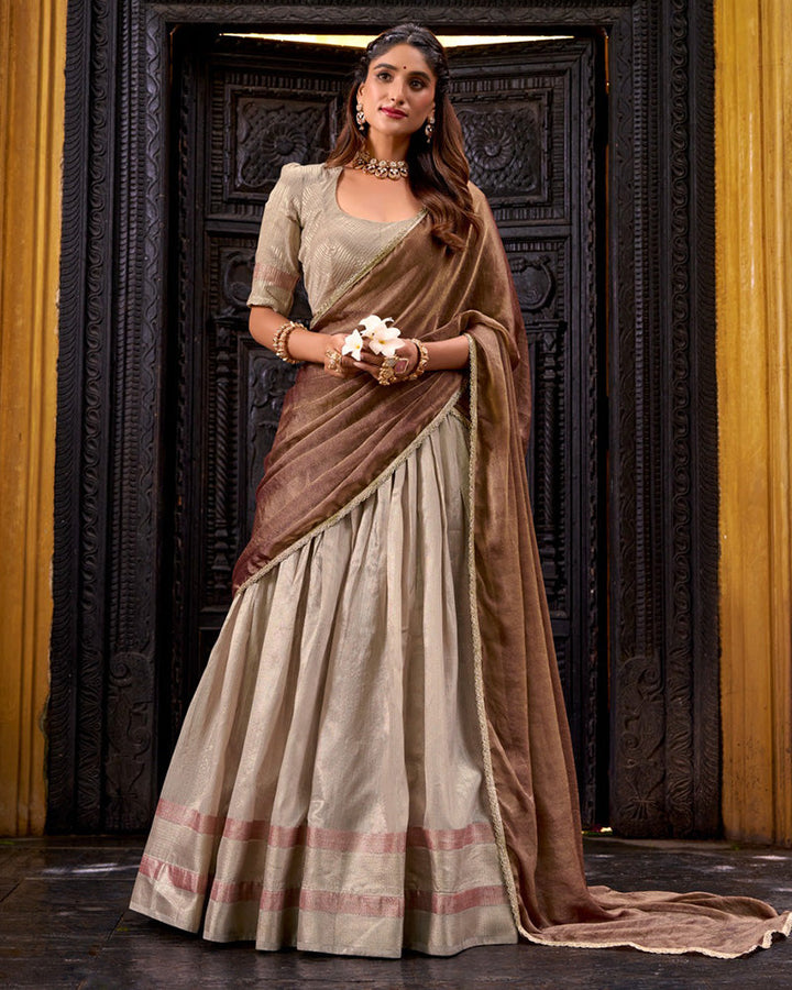 Cream Color Dupion Silk Zari Weaving Half Saree