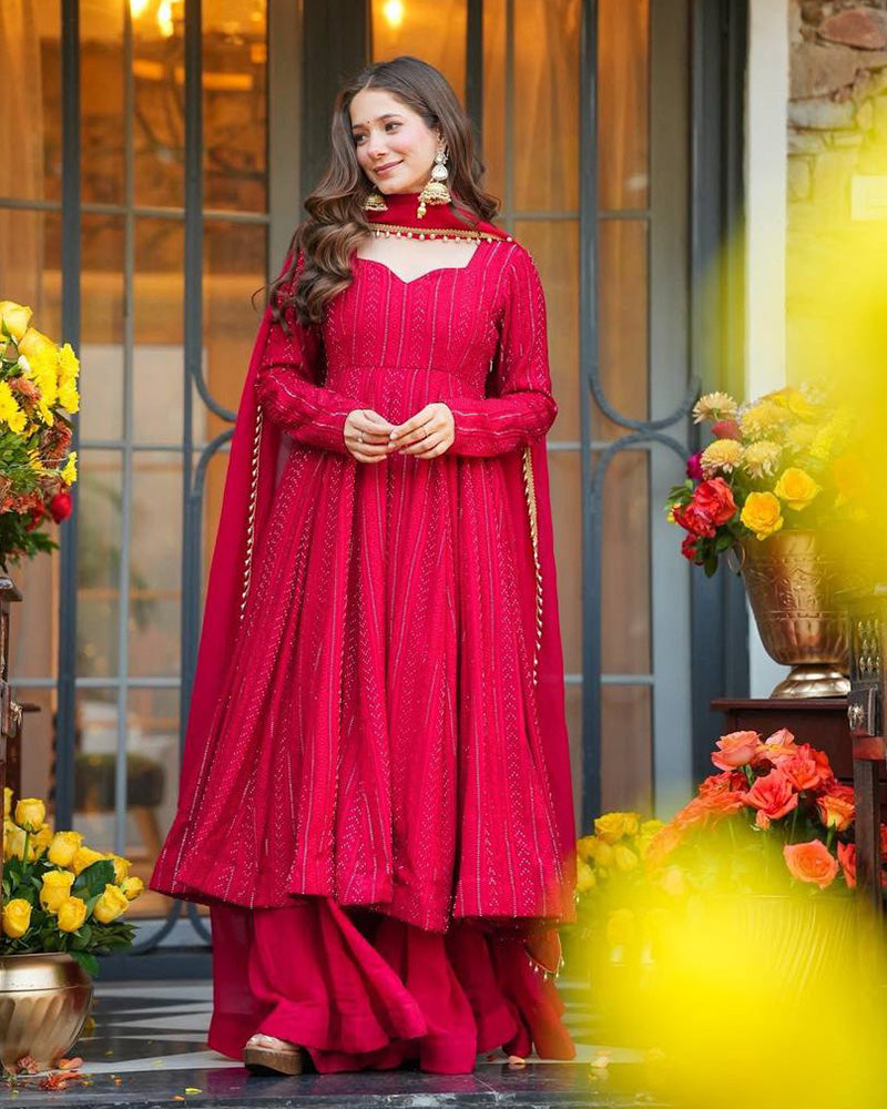 Rani Pink Color Faux Blooming Embroidered Sharara Suit