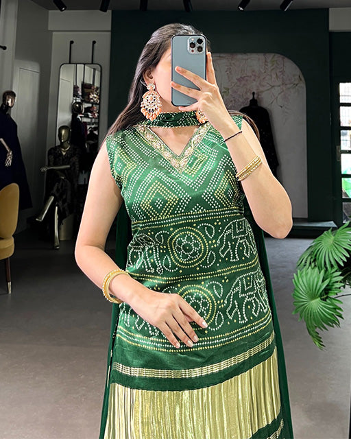 Designer Green Color Gaji Silk Three Piece Plazzo Suit