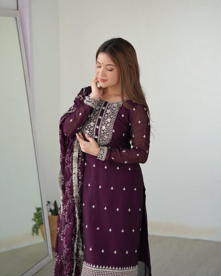 Wine Color Blooming Rangoli Silk Three Piece Salwar Suit