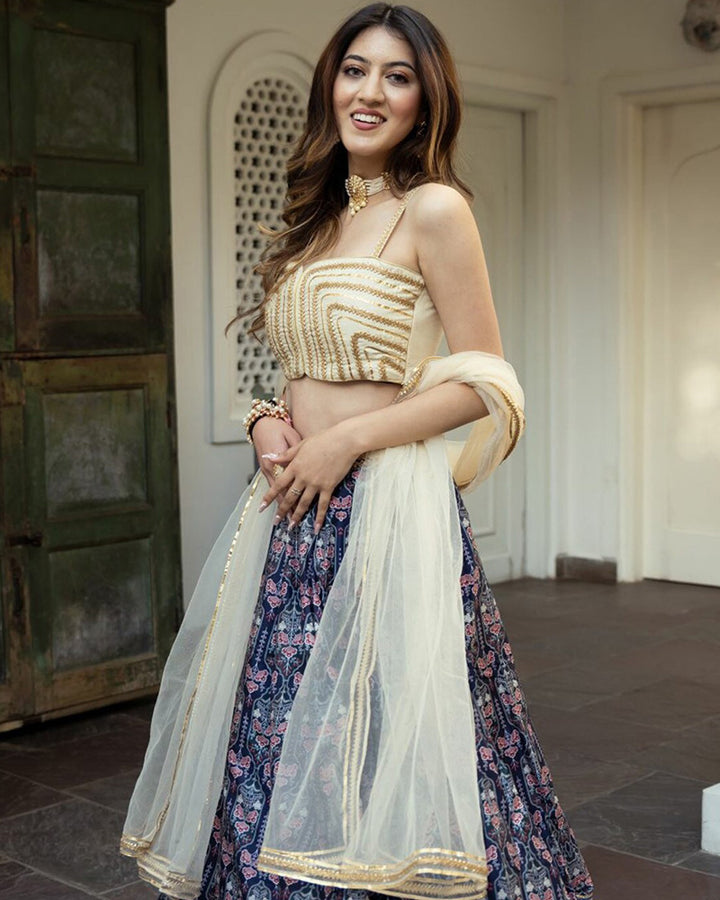 Blue Color Art Silk Printed Lehenga Choli