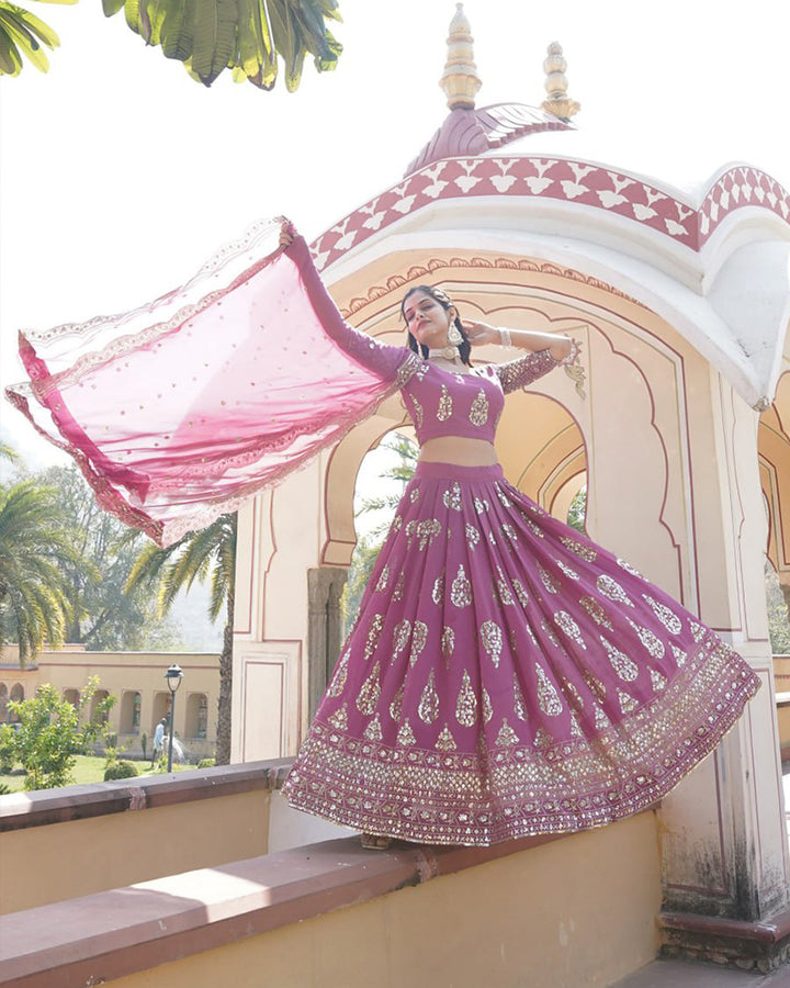 Wedding Wear Onion Color Georgette Embroidery Lehenga Choli