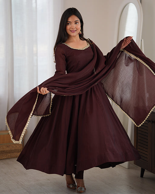 Brown Pure Mal Chanderi Three Piece Anarkali Suit
