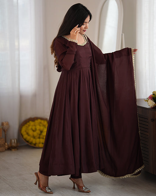 Brown Pure Mal Chanderi Three Piece Anarkali Suit