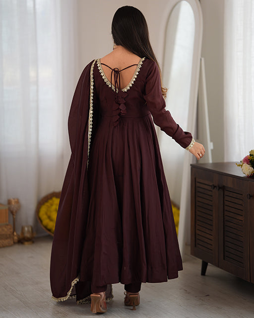 Brown Pure Mal Chanderi Three Piece Anarkali Suit