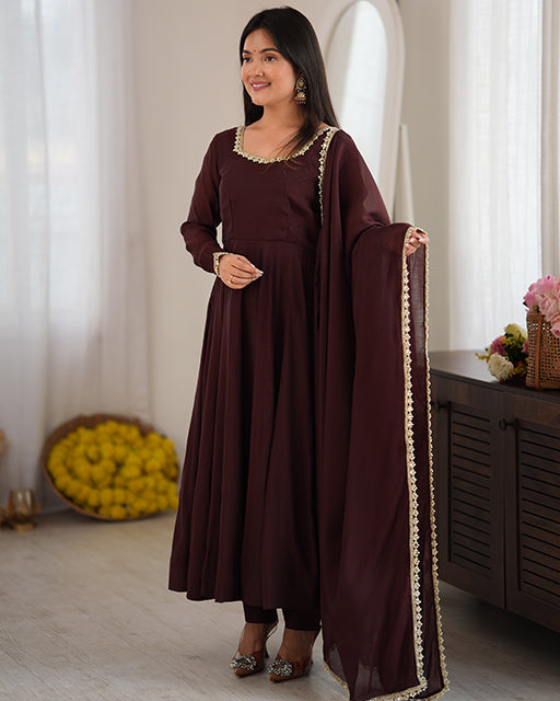 Brown Pure Mal Chanderi Three Piece Anarkali Suit
