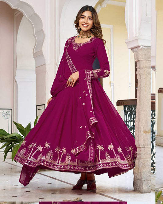 Royal Magenta Color Georgette Sequence Embroidered Gown