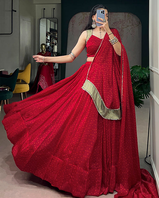 Red Color Satin Chiffon Navratri Lehenga Choli