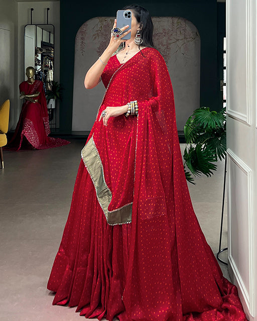 Red Color Satin Chiffon Navratri Lehenga Choli