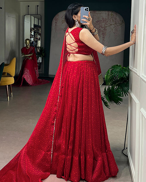 Red Color Satin Chiffon Navratri Lehenga Choli