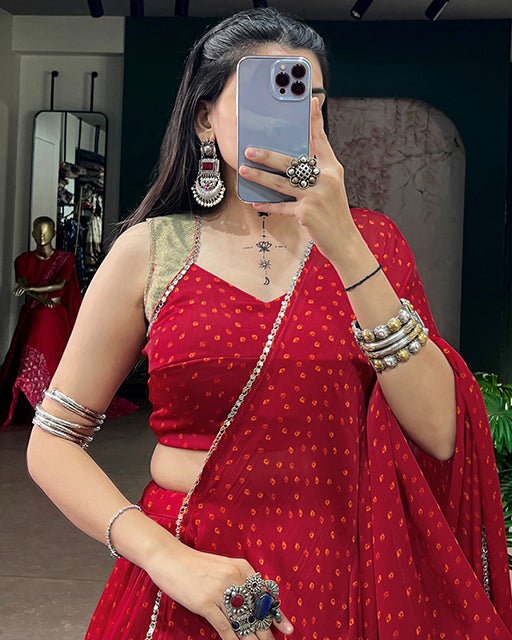 Red Color Satin Chiffon Navratri Lehenga Choli