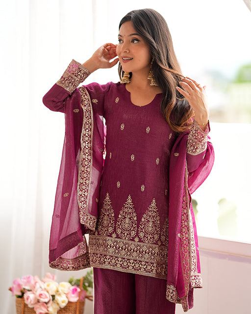 Wine Color Crunchy Silk Embroidered Suit