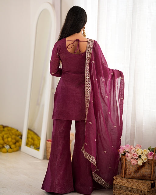 Wine Color Crunchy Silk Embroidered Suit