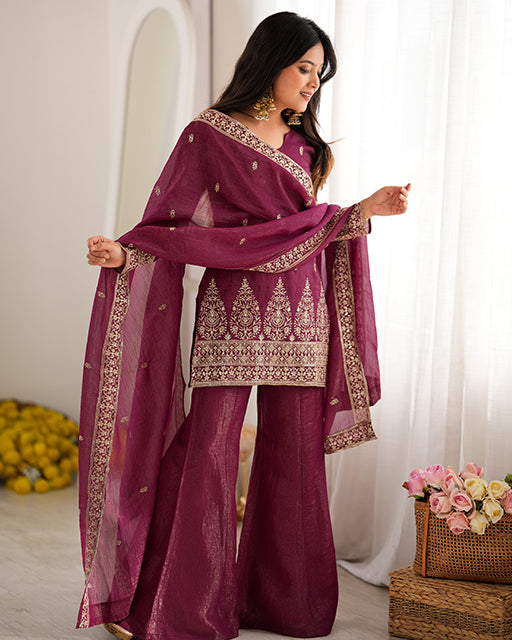 Wine Color Crunchy Silk Embroidered Suit