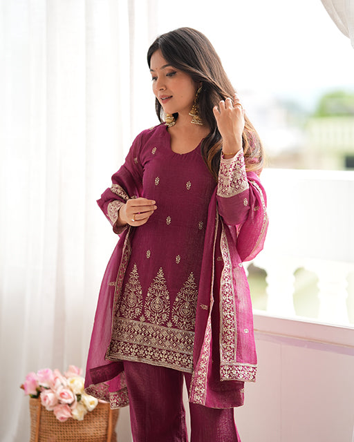 Wine Color Crunchy Silk Embroidered Suit