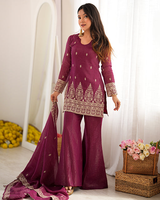 Wine Color Crunchy Silk Embroidered Suit