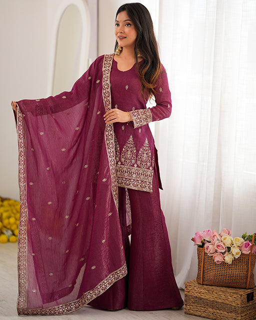 Wine Color Crunchy Silk Embroidered Suit