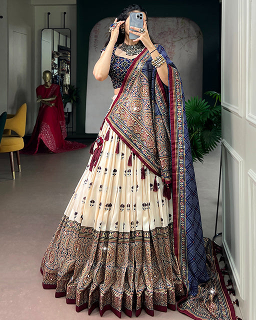 Off White Color Ajrak Prints Navratri Lehenga Choli