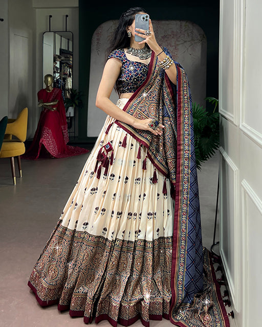 Off White Color Ajrak Prints Navratri Lehenga Choli