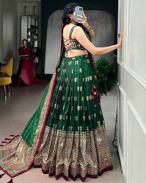 Green Color Ajrak Prints Navratri Lehenga Choli