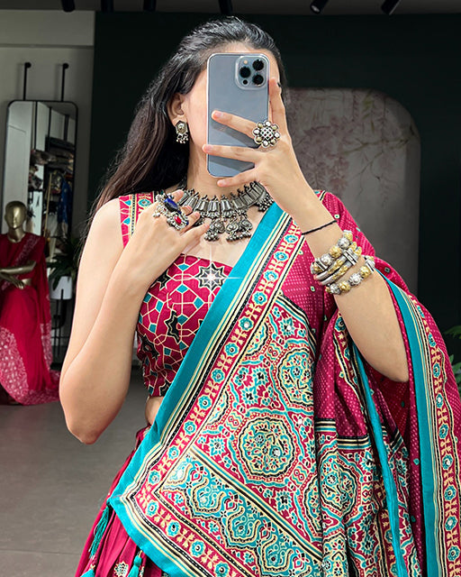 Pink Color Ajrak Prints Navratri Lehenga Choli