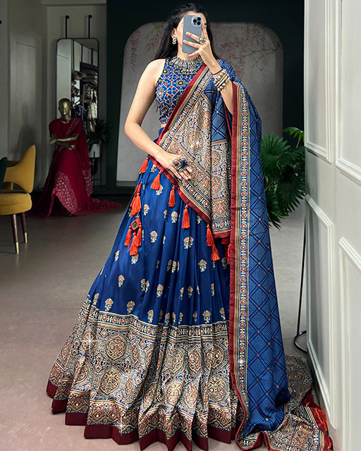 Blue Color Ajrak Prints Navratri Lehenga Choli